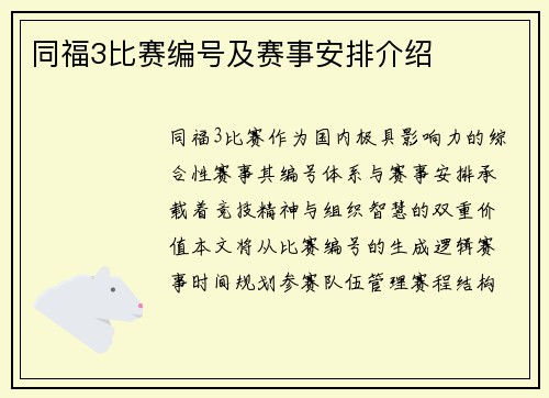 同福3比赛编号及赛事安排介绍