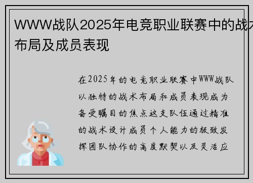 WWW战队2025年电竞职业联赛中的战术布局及成员表现