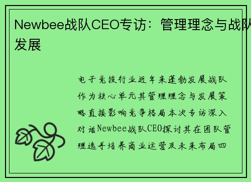 Newbee战队CEO专访：管理理念与战队发展