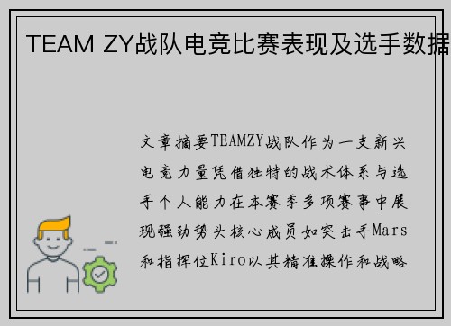 TEAM ZY战队电竞比赛表现及选手数据
